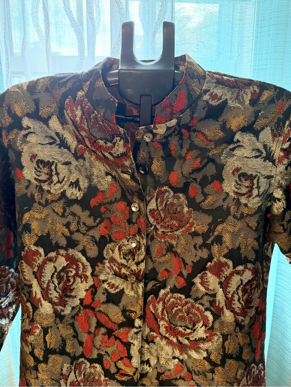 Chico's Black Floral Metallic Brocade Jacket with Red & Gold Accents